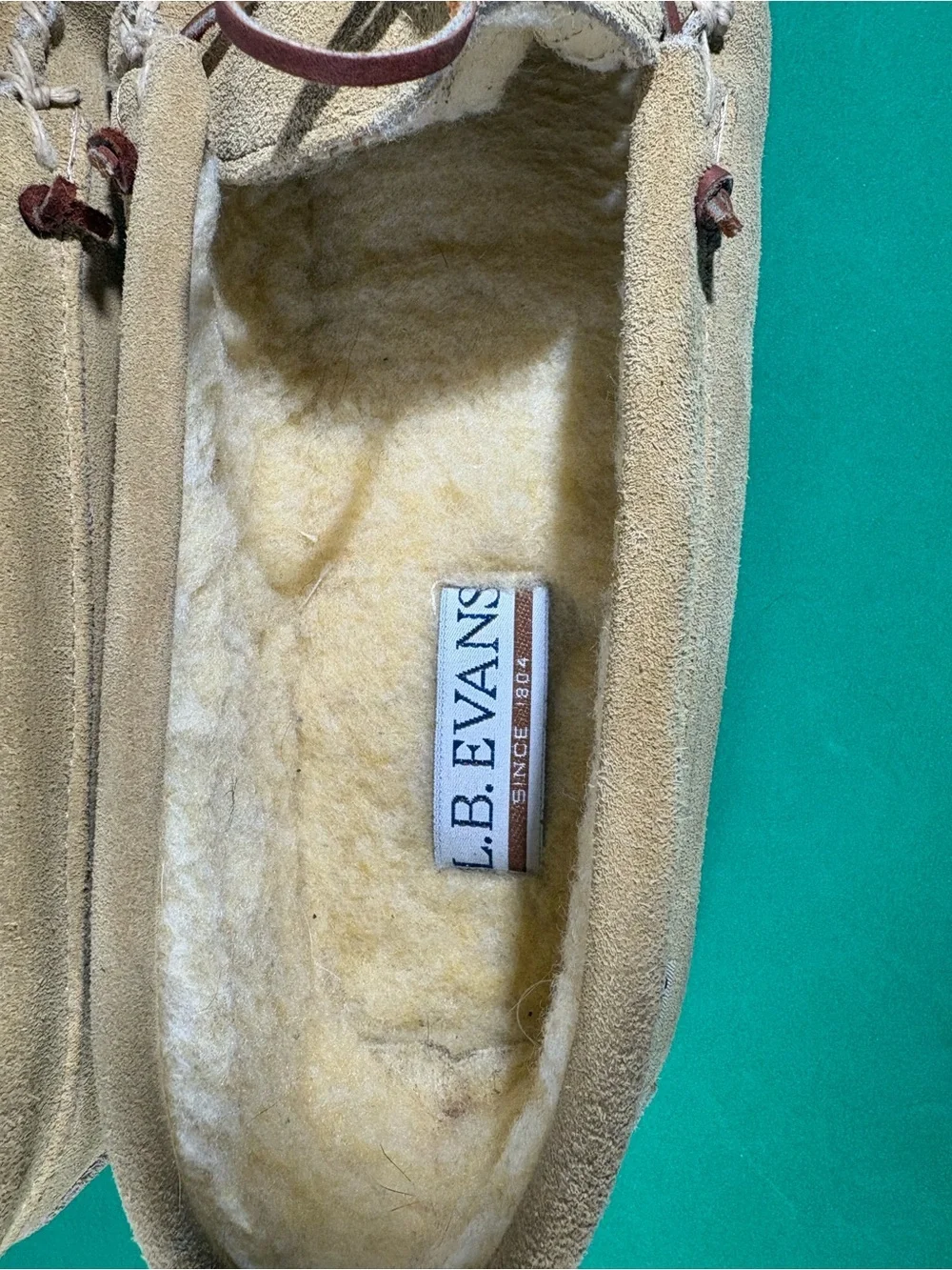L.B. Evans Men's Suede Moccasin Slippers in Yellow Tan w/Brown Laces-Size 14EEE